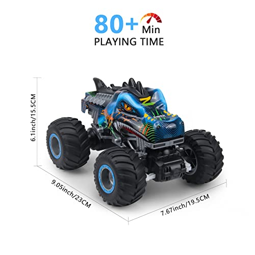 Rhybor Remote Control Dinosaur Car, 2.4GHz All Terrain Remote Control Monster Truck, RC Dinosaur Monster Car with 2 Batteries, Spray Music RC Monster Truck for Boys 4-7 8-12 and Girls