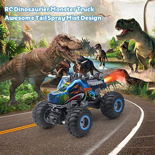 Rhybor Remote Control Dinosaur Car, 2.4GHz All Terrain Remote Control Monster Truck, RC Dinosaur Monster Car with 2 Batteries, Spray Music RC Monster Truck for Boys 4-7 8-12 and Girls