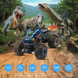 Rhybor Remote Control Dinosaur Car, 2.4GHz All Terrain Remote Control Monster Truck, RC Dinosaur Monster Car with 2 Batteries, Spray Music RC Monster Truck for Boys 4-7 8-12 and Girls