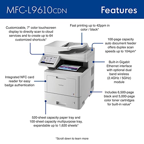 Brother MFC‐L9610CDN Enterprise Color Laser All‐in‐One Printer with Fast Printing, Large Paper Capacity, and Advanced Security Features