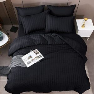 hymokege duvet cover queen 3 pieces, black seersucker duvet cover set, luxury soft brushed microfiber bedding set with 1 comforter cover & 2 pillow shams, 90x90 inch