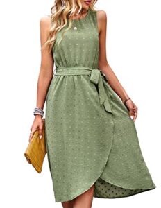 falechay midi dresses for women wedding guest with belt pocket crew neck sleeveless green dress l loose vacation