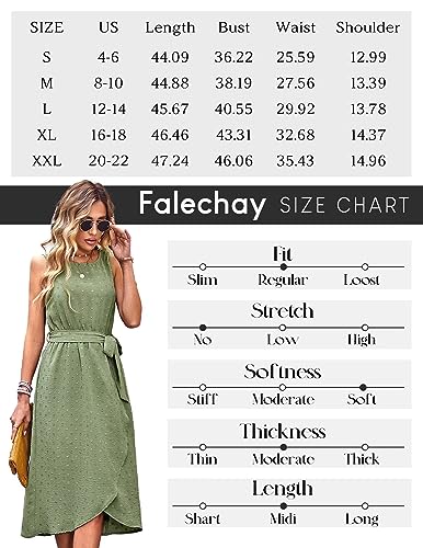 Falechay Midi Dresses for Women Wedding Guest with Belt Pocket Crew Neck Sleeveless Green Dress L Loose Vacation