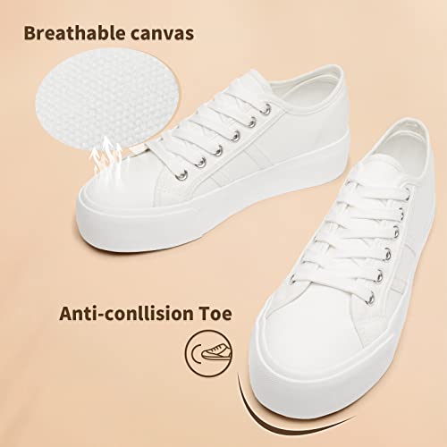 Waluzs Platform Sneakers for Women Low Top Platform Shoes Lace Up Womens Canvas Shoes Breathable White Tennis Shoes (White,US5)