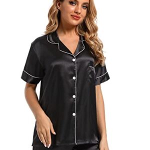 Finvizo Womens Silk Satin Pajamas Set: Soft Short Sleeve Two-piece Pjs Silky Button-down Sleepwear Loungewear Shorts Set,Black L