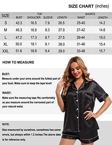 Finvizo Womens Silk Satin Pajamas Set: Soft Short Sleeve Two-piece Pjs Silky Button-down Sleepwear Loungewear Shorts Set,Black L