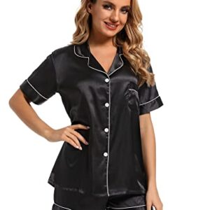 Finvizo Womens Silk Satin Pajamas Set: Soft Short Sleeve Two-piece Pjs Silky Button-down Sleepwear Loungewear Shorts Set,Black L