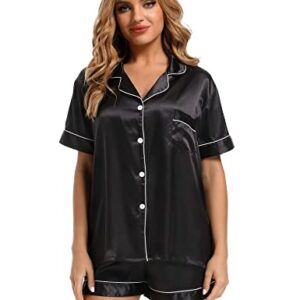 Finvizo Womens Silk Satin Pajamas Set: Soft Short Sleeve Two-piece Pjs Silky Button-down Sleepwear Loungewear Shorts Set,Black L