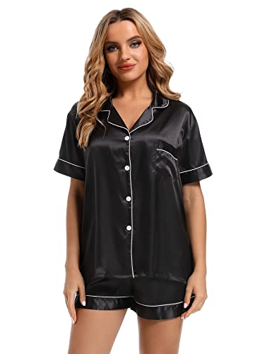 Finvizo Womens Silk Satin Pajamas Set: Soft Short Sleeve Two-piece Pjs Silky Button-down Sleepwear Loungewear Shorts Set,Black L