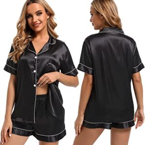 Finvizo Womens Silk Satin Pajamas Set: Soft Short Sleeve Two-piece Pjs Silky Button-down Sleepwear Loungewear Shorts Set,Black L