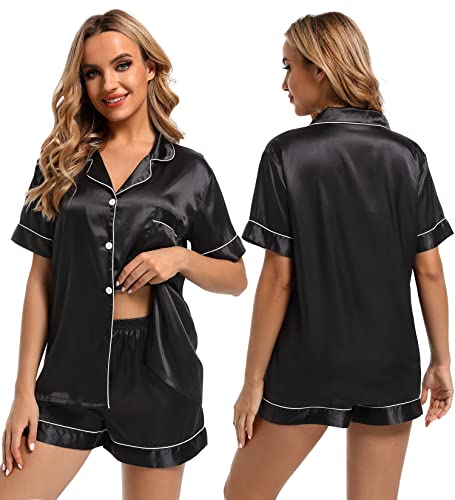 Finvizo Womens Silk Satin Pajamas Set: Soft Short Sleeve Two-piece Pjs Silky Button-down Sleepwear Loungewear Shorts Set,Black L