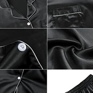 Finvizo Womens Silk Satin Pajamas Set: Soft Short Sleeve Two-piece Pjs Silky Button-down Sleepwear Loungewear Shorts Set,Black XXL