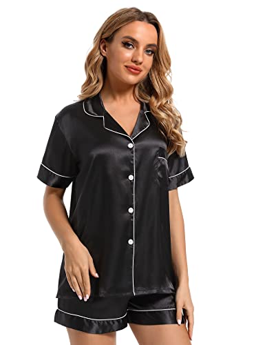 Finvizo Womens Silk Satin Pajamas Set: Soft Short Sleeve Two-piece Pjs Silky Button-down Sleepwear Loungewear Shorts Set,Black XL