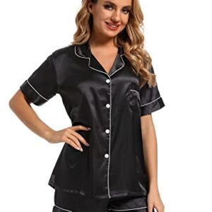 Finvizo Womens Silk Satin Pajamas Set: Soft Short Sleeve Two-piece Pjs Silky Button-down Sleepwear Loungewear Shorts Set,Black XL