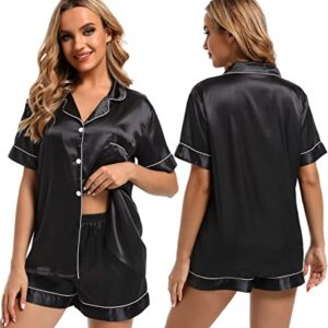 Finvizo Womens Silk Satin Pajamas Set: Soft Short Sleeve Two-piece Pjs Silky Button-down Sleepwear Loungewear Shorts Set,Black XL