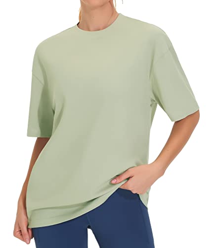 THE GYM PEOPLE Women's Oversized T Shirts Summer Casual Crewneck Short Sleeve Cotton Basic Tee Tops Light Green