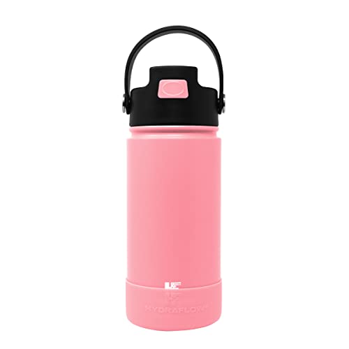 Hydraflow Hybrid Kids Water Bottle with Flip Straw Lid and Boot - Triple Wall Vacuum Insulated Water Bottle (14oz, Rouge Pink) Stainless Steel Metal Thermos, Reusable Leak Proof BPA-FREE