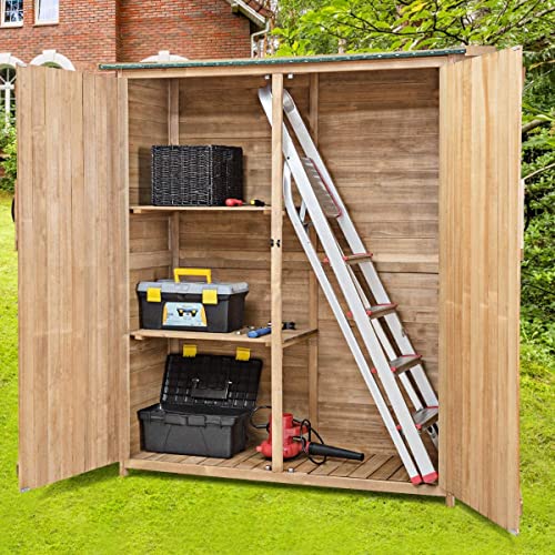 Goplus Outdoor Storage Cabinet, Double Lockable Wooden Garden Shed with 3 Shelves and Waterproof Asphalt Roof, Outside Lean to Shed, Vertical Tall Tool Shed for Patio Yard Lawn