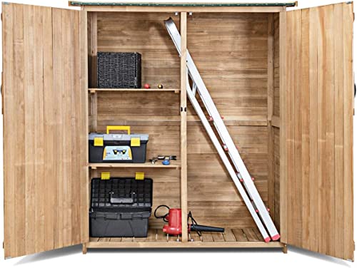 Goplus Outdoor Storage Cabinet, Double Lockable Wooden Garden Shed with 3 Shelves and Waterproof Asphalt Roof, Outside Lean to Shed, Vertical Tall Tool Shed for Patio Yard Lawn