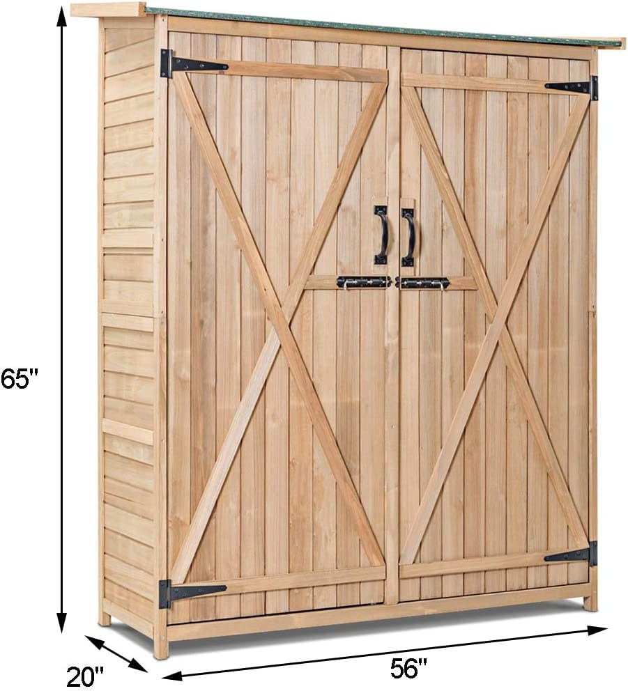 Goplus Outdoor Storage Cabinet, Double Lockable Wooden Garden Shed with 3 Shelves and Waterproof Asphalt Roof, Outside Lean to Shed, Vertical Tall Tool Shed for Patio Yard Lawn