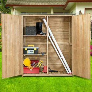 Goplus Outdoor Storage Cabinet, Double Lockable Wooden Garden Shed with 3 Shelves and Waterproof Asphalt Roof, Outside Lean to Shed, Vertical Tall Tool Shed for Patio Yard Lawn
