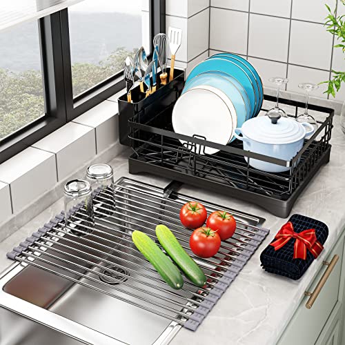 ANTOPY Dish Drying Rack Large Dish Rack, Rustproof Stainless Steel Dish Racks for Kitchen Counter, Extra Roll-Up Drying Rack for Kitchen Sink, Dish Drainer with Drainboard Utensil Holder Dryer Mat