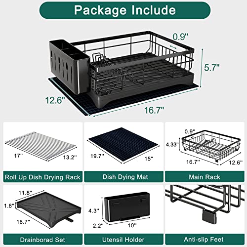 ANTOPY Dish Drying Rack Large Dish Rack, Rustproof Stainless Steel Dish Racks for Kitchen Counter, Extra Roll-Up Drying Rack for Kitchen Sink, Dish Drainer with Drainboard Utensil Holder Dryer Mat