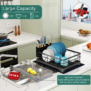 ANTOPY Dish Drying Rack Large Dish Rack, Rustproof Stainless Steel Dish Racks for Kitchen Counter, Extra Roll-Up Drying Rack for Kitchen Sink, Dish Drainer with Drainboard Utensil Holder Dryer Mat