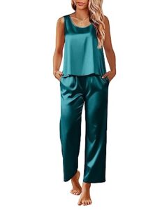 ekouaer silk pajamas for women satin tank top with satin shorts pjs set cute sleepwear 2 piece lounge sets green