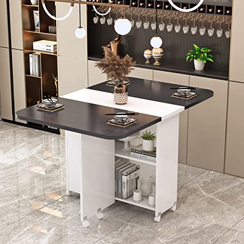 ZOUXIKOU Folding Dining Table Drop Leaf Table with 6 Wheels, Kitchen Table with 2-Layer Storage Shelves, Multifunctional Extension Space Saving Dinner Table for Bedroom Dining Room Home