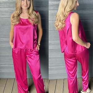 Ekouaer Women's Silk Pajamas Tank Top and Shorts Pjs Nightwear 2 Piece Satin Sleep Set Plus Size Hot Pink