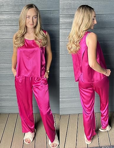 Ekouaer Women's Silk Pajamas Tank Top and Shorts Pjs Nightwear 2 Piece Satin Sleep Set Plus Size Hot Pink