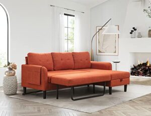 modern pull out sleeper sofa bed with chaise, comfy l shaped convertible sleeper couch with storage and pocket, sectional 3 seat couch for living room furniture or home office, tufted back - orange