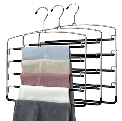 Pants Hangers 3 Pieces,5 Tier Closet Organizers and Storage Clothes Hangers,Hangers Space Saving with Swing Arm,Multiple Metal Hangers Clothes Organization for Pants Trousers Jeans Leggings Slacks