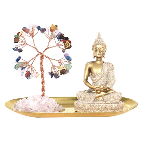 JINYUE 7 Chakra Crystal Tree Healing Stones Buddha Statue, Yoga Meditation Decor, Zen Spiritual Decor, for Home Bedroom, Living Room, Office, Study, Bookshelf, Women's Gifts