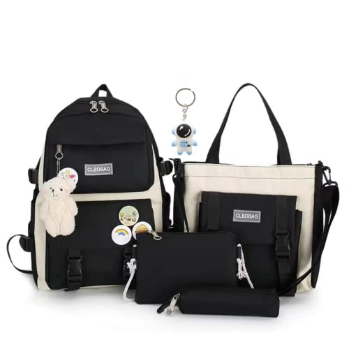 Teslawi kawaii backpack 4Pcs Set Aesthetic backpack 17in backpack，with Kawaii Pendants，Crossbody Bag ，Pencil Case, Handbag (Black)