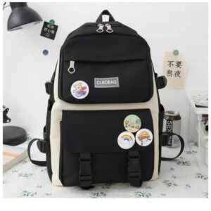 Teslawi kawaii backpack 4Pcs Set Aesthetic backpack 17in backpack，with Kawaii Pendants，Crossbody Bag ，Pencil Case, Handbag (Black)