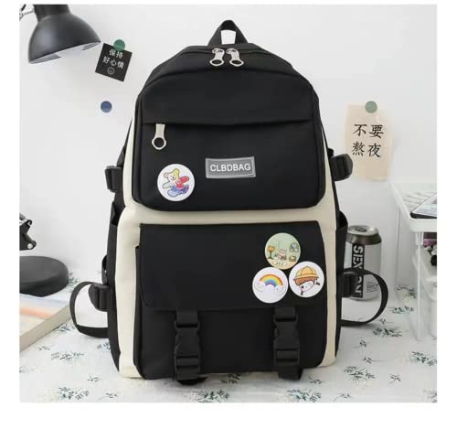 Teslawi kawaii backpack 4Pcs Set Aesthetic backpack 17in backpack，with Kawaii Pendants，Crossbody Bag ，Pencil Case, Handbag (Black)