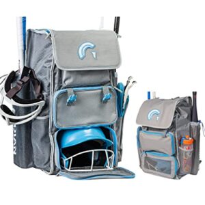 guardian baseball - diamond series baseball/softball bat bag - boys travel baseball bag - softball equipment bag for girls (grey/carolina blue)