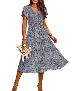 btfbm women casual summer short ruffles tiered sleeve smocked midi dresses bohemian floral v neck wedding guest long dresses（floral dark blue,large