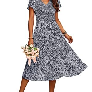 BTFBM Women Casual Summer Short Ruffles Tiered Sleeve Smocked Midi Dresses Bohemian Floral V Neck Wedding Guest Long Dresses（Floral Dark Blue,Large