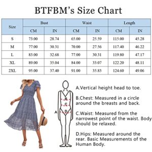 BTFBM Women Casual Summer Short Ruffles Tiered Sleeve Smocked Midi Dresses Bohemian Floral V Neck Wedding Guest Long Dresses（Floral Dark Blue,Large