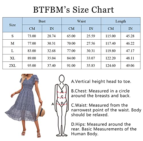 BTFBM Women Casual Summer Short Ruffles Tiered Sleeve Smocked Midi Dresses Bohemian Floral V Neck Wedding Guest Long Dresses（Floral Dark Blue,Large