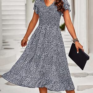 BTFBM Women Casual Summer Short Ruffles Tiered Sleeve Smocked Midi Dresses Bohemian Floral V Neck Wedding Guest Long Dresses（Floral Dark Blue,Large