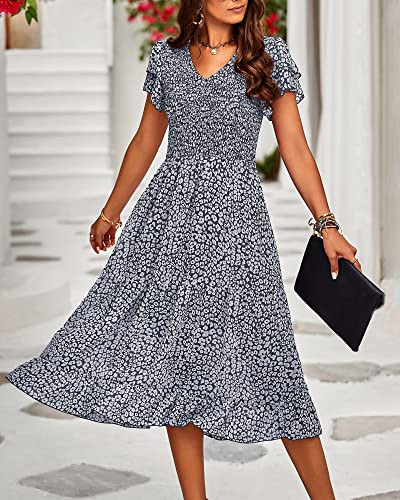 BTFBM Women Casual Summer Short Ruffles Tiered Sleeve Smocked Midi Dresses Bohemian Floral V Neck Wedding Guest Long Dresses（Floral Dark Blue,Large