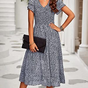 BTFBM Women Casual Summer Short Ruffles Tiered Sleeve Smocked Midi Dresses Bohemian Floral V Neck Wedding Guest Long Dresses（Floral Dark Blue,Large