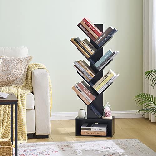 Hoctieon 6 Tier Tree Bookshelf, 6 Shelf Bookcase with Drawer, Free Standing Tree Bookcase, Display Floor Standing Shelf for Books, Book Organizer Shelves for Home Office, Black