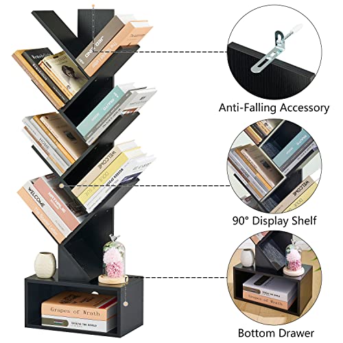 Hoctieon 6 Tier Tree Bookshelf, 6 Shelf Bookcase with Drawer, Free Standing Tree Bookcase, Display Floor Standing Shelf for Books, Book Organizer Shelves for Home Office, Black