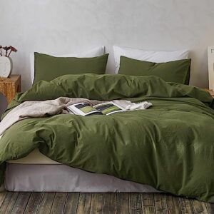 tocomoa duvet cover set queen size, 100% washed cotton like linen textured, 3 piece olive green bedding set soft breathable, ideal for sweating groups, simple style farmhouse comforter cover