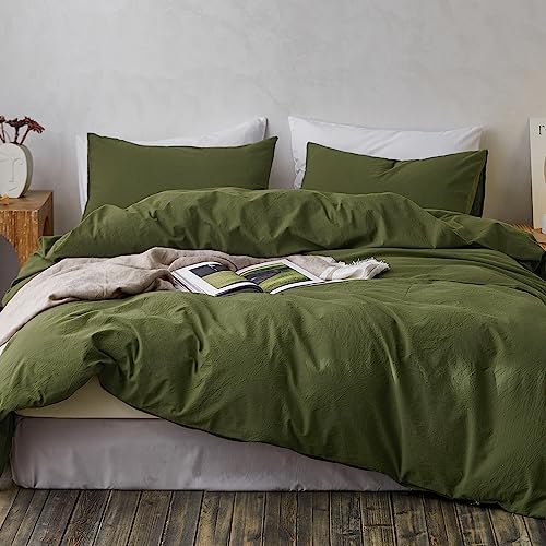 TOCOMOA Duvet Cover Set Queen Size, 100% Washed Cotton Like Linen Textured, 3 Piece Olive Green Bedding Set Soft Breathable, Ideal for Sweating Groups, Simple Style Farmhouse Comforter Cover